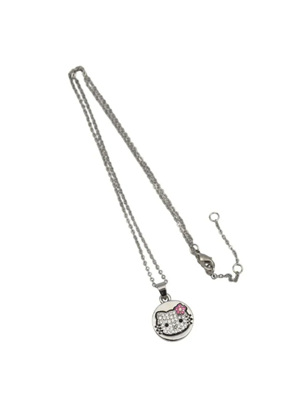 Sanrio Hello Kitty Rhinestone Pendant Necklace Silver Chain Pink Flower Charm